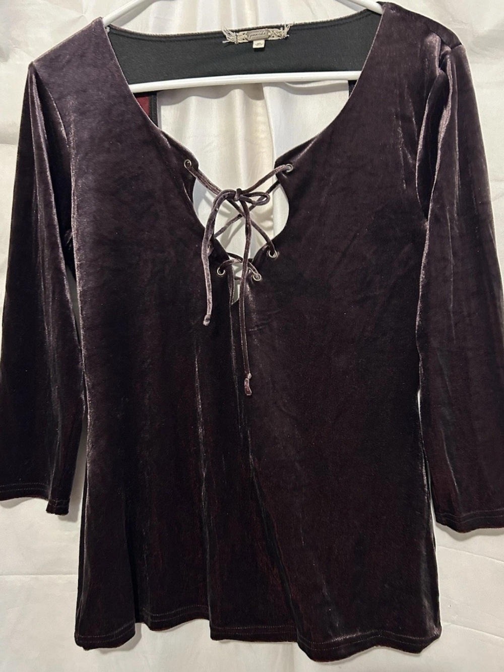 Gimmicks Top M Brown Stretch Velvet Lace Up Front Open Back Whimsigoth Witchy